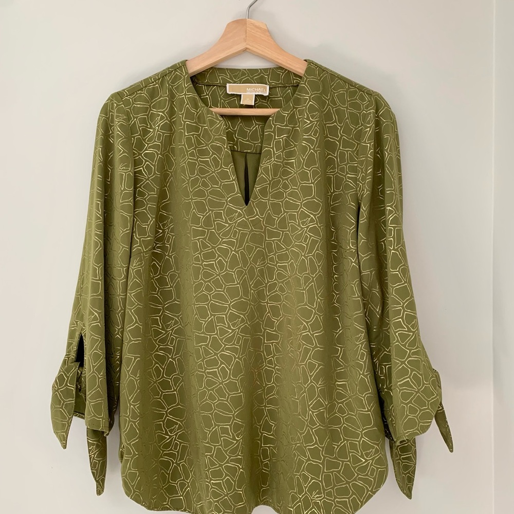 MICHAEL Michael Kors Olive Green Gold Details Geometric Patterned Blouse